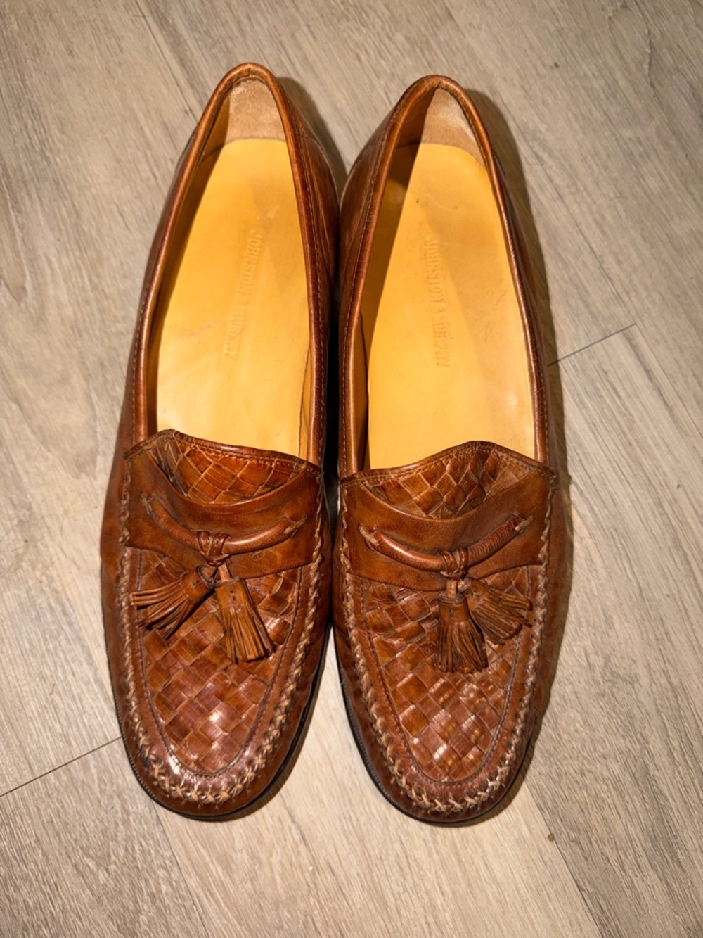 Johnston & Murphy Cognac Woven Leather Tassel Loafers